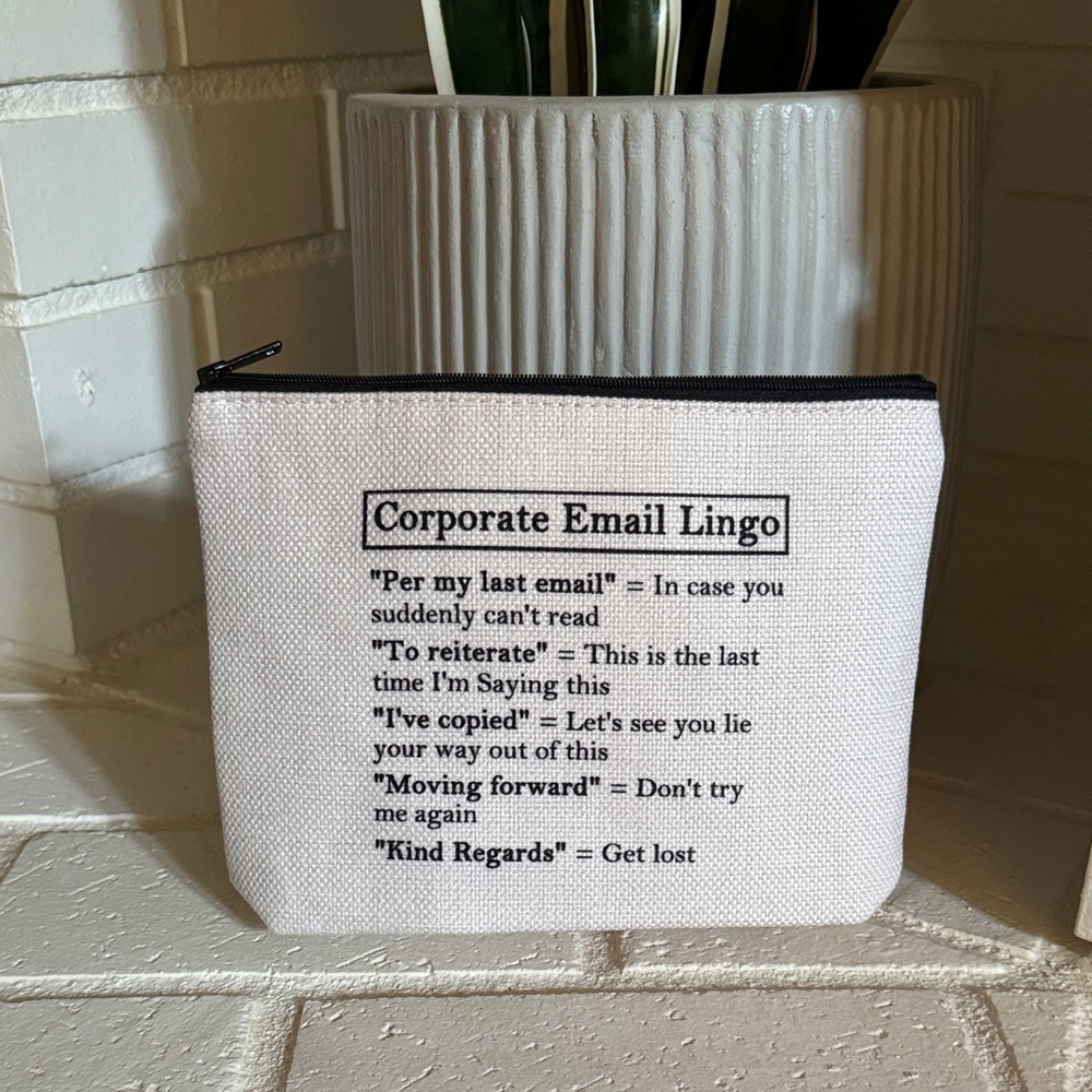 White Zipper Pouch with Corporate Email Lingo
